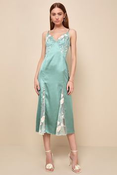 Sophisticated Guest Green Satin Embroidered Floral Midi Dress Midi Formal Dress, Sage Green Dress, Sheer Overlay, Future Outfit, Floral Embroidered Dress, Cocktail Attire, Sophisticated Dress, Satin Midi Dress, Green Midi Dress