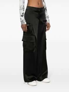 Off-White Satin Cargo Trousers - Farfetch Black Cargos White Stitching, Black Satin Cargo Pants Outfit, Luxury Black Cargo Pants With Pockets, Satin Cargo Pants Black, Luxury Black Nylon Cargo Pants, Satin Pants Outfit, Cargo Pants Outfit, Satin Pants, Versace Outfit