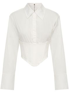 white cotton blend corset style classic collar front button fastening long sleeves buttoned cuffs curved hem cropped Lee White, Corset Shirt, Dion Lee, Hem Style, Corset Style, Leather Mini Skirts, Style Classic, Shirt White, White Cotton