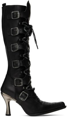 Calf-high buffed leather boots in black. · Pointed toe · Lace-up closure · Logo embossed at padded tongue · Pull tab at collar · Adjustable pin-buckle straps at outer side · Zip closure at inner side · Logo-engraved metal heel with rubber injection · Treaded rubber sole · Logo-engraved gunmetal-tone hardware · Heel: H4 Part of the VETEMENTS X New Rock collaboration. Supplier color: Black Lace Up Boots Black, Goth Cowboy Boots, Skeleton Boots, Dancer Boots, New Rock Shoes, Goth Cowboy, Leather Winter Boots, Lace Up Heel Boots, New Rock Boots