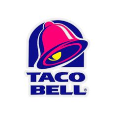 the taco bell logo is shown in blue, pink and yellow with an orange bell on