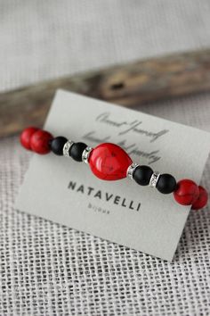 Unique elegant women bracelet. Perfect jewelry for everyday wear and a great gift! This bright bracelet was made of 4 natural matte black onyx stone 8 mm round beads, red dyed stone 10 mm beads, acrylic artificial coral drop bead and silver tone beads-separators with crystals. Beads are hand-selected to ensure that only high quality beads are used. Bracelet are stretchable and very comfortable to wear daily. For this bracelet I used two rows of durable stretch cord. Can be combined well with you Red And Black Bracelets, Black Beaded Bracelet, Bracelet Model, Artificial Coral, Crystals Beads, Bracelet Elegant, Black Beaded Bracelets, Red Bracelets, Black Onyx Stone