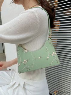 BirdinBag - Embroidered Floral Baguette Handbag Y2k Bags, White Details, Baguette Bag, Green And Khaki, Cute Bags, Bag Bag, Bags Shoulder, Free Gifts, Pu Leather