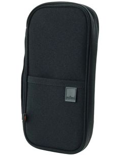 a black case with a tag on the front and side pocket for an electronic device