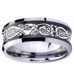 This tungsten carbide ring in black color, 10mm width with a logo Celtic Dragon engraved on it. This tungsten ring is cobalt free to avoid allergies, high polish finish, comfort fit design, perfect for the one you love. Tungsten ring is non scratch only apply on original tungsten silver color, it DOES NOT apply for any color coated tungsten item, please good take care your jewelry avoided from crash or any chemical lotion or perfume apply on the surface, it will effect the coating on the ring. Tungsten tendency to break when drop on floor or hit with hard material. We can customize logo from your own design , email us and we can make for you. We provide laser inside text engraving service, add on engrave from the drop down manual.. Celtic Knot Dragon, Blue Wedding Band, Blue Wedding Rings, Mens Band Rings, Promise Rings For Guys, Engagement Rings Sale, Mens Wedding Bands Tungsten, Celtic Dragon, Tungsten Carbide Wedding Bands