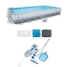 an above ground swimming pool with accessories for cleaning and supplies on the bottom, in front of a white background