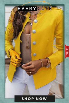 Black Casual Solid Patchwork Buckle Mandarin Collar Outerwear Yellow Buttoned Blazer For Spring, Spring Yellow Blazer With Buttons, Color Pick, Lunar New, Mandarin Collar, Black Casual, Wholesale Fashion, Buy Now, Length Sleeve