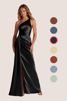 a woman in a long black dress with one shoulder and side slits, standing next to color swatches