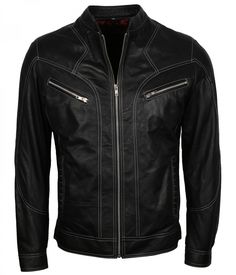 Biker Men's Black Vintage Leather Jacket on Sale at US Leather Mart. Buy Now! Black Leather Biker Jacket With Contrast Stitching, Biker Jacket With Contrast Stitching And Long Sleeves, Black Leather Jacket With Contrast Stitching For Fall, Winter Biker Outerwear With Contrast Stitching, Black Leather Motorcycling Jacket, Mens Classic Fashion, Trendy Leather Jacket, Leather Jacket Biker, Leather Jacket For Men