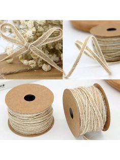 twine cord with white flowers on the side and brown spools next to it