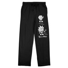 Celebrate your favorite cartoon characters with these Rick & Morty sleep pajama pants. The pants feature black and white images of the characters while white letters spell out, “Wubba Lubba Dub Dub. The series logo appears in white below the image. The pants come in black with a pair of pockets and an adjustable elastic waistband. Fans of the Rick & Morty cartoon will love these cozy sleep pajama pants. Black Graphic Print Sleepwear For Loungewear, Relaxed Fit Sleepwear With Graphic Print For Lounging, Black Letter Print Sleepwear, Black Relaxed Fit Sleepwear With Graphic Print, Black Letter Print Sleepwear For Loungewear, Black Graphic Print Sleepwear, Black Graphic Print Sleepwear For Bedtime, Casual Cotton Pants With Cartoon Print, Casual Sleepwear With Character Print