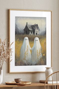 two white ghost figures standing in front of a house on a field with yellow flowers