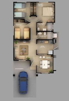 an overhead view of a three bedroom house