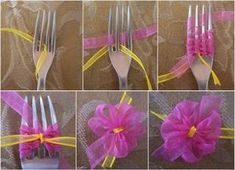 the pictures show different types of forks with flowers on them