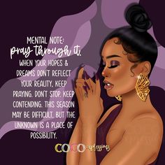 Sometimes, life doesn’t look like what we’ve dreamed of, and it’s easy to feel discouraged when our reality doesn’t seem to match our hopes. But sis, remember this: there is power in persistence. Even when it feels like the weight of the world is on your shoulders, even when your prayers seem to go unanswered — keep praying. Keep pressing through the tough moments because the unknown holds endless possibilities. You are stronger than you know, and every prayer is one step closer to the breakt... Possibility Quotes, Black Queen Quotes, Lady Quotes, Black Inspirational Quotes, You Are Stronger, Ruby Jewel, Practicing Self Love, Prayer Changes Things