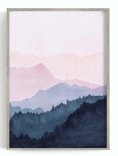 a watercolor painting of mountains in the distance with pink and blue hues on it