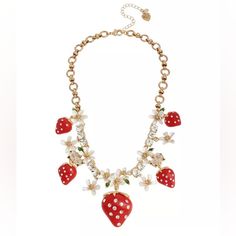 Frontal Necklace Featuring Delicious Red Strawberries Embellished With Delicate Stone Accents, White Flower Charms And Round Crystal Stones. Elegant Red Necklace For Summer, Strawberry Necklace, Fruit Necklace, Strawberry Flower, Betsey Johnson Necklace, Flower Statement Necklace, Vintage Betsey Johnson, Gold Statement Necklace, Betsey Johnson Jewelry