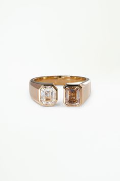 14k solid Fairmined yellow gold Champagne diamond, emerald cut, 6.23x4.79x3.41mm, 1.01ct, Argyle mine, Australia originDiamond, emerald cut, 6.10x4.94x4.01mm, 1.01ct, L VVS2, GIA certified, reclaimed originDiamonds 2.02 total carat weightRing band tapers from approximately 7mm to 3.4mm wide Gia Certified Rectangular Gold Diamond Ring, Formal Emerald Cut Emerald Ring With Rose Cut Diamonds, Formal Emerald Cut Ring With Rose Cut Diamonds, Gold Emerald-cut Emerald Ring With Rose Cut Diamonds, Gold Emerald-cut Ring With Rose Cut Diamonds, Modern Gold Emerald Ring With Square Cut, Modern Gold Square Cut Emerald Ring, Modern Square Cut Emerald Ring In Gold, Gold Radiant Cut Gia Certified Emerald Ring