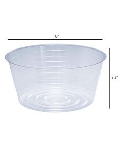 a clear plastic bowl is shown with measurements for the top and bottom half of it