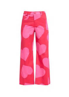 "Find LIBERTINE Pinky Red Heart Cropped Wide Leg Pants on Editorialist. Libertine \"Pinky\" pants in red heart print Cropped fit Mid rise sits high on hip Wide legs Fivepocket style Button/zip fly; belt loops Cotton/elastane Dry clean Made in USA" Pink Heart Print Bottoms For Spring, Trendy Heart Print Bottoms For Spring, Cotton Bottoms With Heart Print, Pink Heart Print Bottoms For Summer, Pink Bottoms For Valentine's Day, Fitted Cotton Bottoms With Heart Print, Fitted Heart Print Bottoms For Spring, Trendy Pink Bottoms With Heart Print, Fitted Pink Bottoms With Heart Print