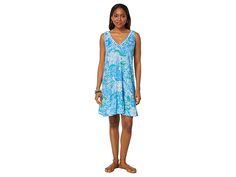 Lilly Pulitzer Camilla Dress - Women's Dress : Frenchie Blue Suns Out : Short and oh-so-sweet, the Lilly Pulitzer Camilla Dress features a swing fit silhouette complete with fun designer details like tiered ruffles at the hem and a v-neckline with a pom-pom trim. Lightweight and breathable. Loose fit. V neckline with ruffles. Sleeveless. Knee length cut. 100% cotton. Machine wash, dry flat. Imported. Measurements: Length: 35 in Product measurements were taken using size SM. Please note that meas Breezy V-neck Dress, Breezy V-neck Loungewear Dress, Casual Summer V-neck Dress With Relaxed Fit, Casual V-neck Dress With Relaxed Fit For Summer, Summer V-neck Relaxed Fit Dress, Flowy Loungewear Dresses, Casual V-neck Summer Dress For Daywear, Summer Relaxed Fit Split Neck Dress, Summer V-neck Loungewear Dress