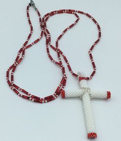 "Handmade Cross Necklace on 31\" beaded Heavy string. Made from glass Seed Beads" White Beaded Cross Jewelry, White Beaded Cross Necklace, Beaded Stuff, White Cross, Handmade Glass Beads, White Crosses, Glass Seed Beads, Bead Crafts, Pendant Necklaces