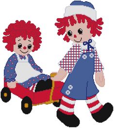 This is Raggedy Ann and Andy Rag Dolls.  Andy Pulling Ann in their little red wagon.  So cute!
This pattern comes printed on 4 pages which is 12 squares printed per inch of paper.  
This pattern is 177 X 197 Stitches (Squares)
This pattern uses only 12 colors. Santa Cartoon, Garfield Cat, Rug Hooking Patterns, Red Wagon, Cross Stitch Books, Raggedy Ann And Andy, Stitch Book, Rag Dolls, Raggedy Ann