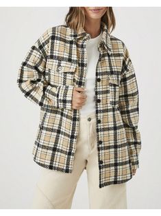 A woven shacket featuring an allover plaid pattern, basic collar, button-front closures, front chest flap and welt pockets with button closures, dropped long sleeves, and a dolphin hem.
- 58% poly, 19% acrylic, 11% rayon, 7% nylon, 3% wool, 2% other fibers
- Machine wash coldPlaid Button-Front Shacket Black Casual  Long Sleeve  Plaid    Women Clothing, size features are:Bust: ,Length: ,Sleeve Length: Plaid Single Breasted Shacket For Fall, Plaid Single-breasted Shacket For Fall, Plaid Single Breasted Shacket For Winter, Plaid Single-breasted Shacket For Winter, Plaid Shacket With Snap Buttons For Winter, Winter Plaid Shacket With Snap Buttons, Plaid Button-up Shacket With Pockets, Plaid Collared Outerwear With Buttoned Pockets, Plaid Button-up Outerwear With Buttoned Pockets