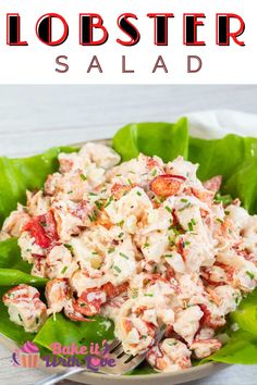 lobster salad in a bowl with lettuce leaves on the side and text overlay