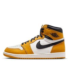 Air Jordan 1 Retro High OG 'Yellow Ochre' DZ5485-701 Modern Yellow Sneakers For Streetwear, Sporty Yellow Leather Sneakers, Yellow Leather Sneakers For Streetwear, Modern Yellow Sneakers With Boost Midsole, Modern Yellow Sneakers With Contrast Sole, Yellow Leather Sneakers With Boost Midsole, Yellow Leather Sneakers, Neon Yellow Leather Sneakers With Branded Insole, Yellow Retro Sneakers With Boost Midsole