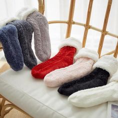 These sassy slipper socks will keep your feet nice and cozy on those cold winter days and nights. Featuring a cable-knit pattern with faux fur lining and a rubber sole design on the bottom to prevent slipping when walking these are sure to be a new favorite part of your lounge wear. Made with a polyester and cotton blend. Comes in 14 fun colors from which to choose. Mini Teddy Bears, Fluffy Socks, Knitted Socks, Winter Home, Fuzzy Slippers, Fuzzy Socks, Cozy Socks, Fits Women, Winter Socks