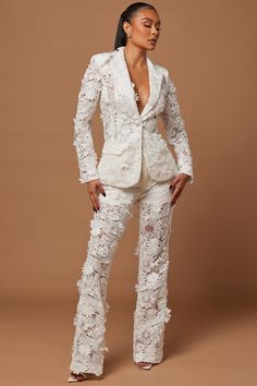 Available In White And Pink. Embroidered Blazer 3D Applique Lapel Collar Long Sleeve w/ Shoulder Pads Front Button Closure Faux Pockets Non Stretch Main: 100% Polyester Imported | Denise Embroidered Blazer in White size XS by Fashion Nova