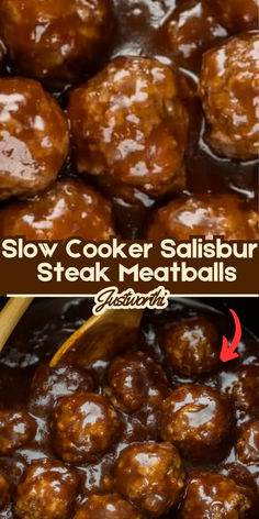 slow cooker salisbury steak meatballs in a pot with the words slow cooker salisbury steak meatballs