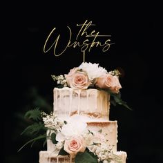 a wedding cake with flowers and greenery on top that reads, the wutsies