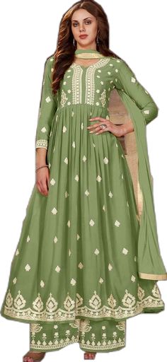 Olive Palazzo style Suit Faux Georgette Green Long Sleeve Anarkali Set With Floral Embroidery, Long Sleeve Pista Green Georgette Palazzo Set, Fitted Green Palazzo Set With Floral Embroidery, Fitted Anarkali Palazzo Set In Pista Green, Green Long Sleeve Anarkali Set With Dabka, Pista Green Long Sleeve Anarkali Set For Navratri, Bollywood Style Green Long Sleeve Palazzo Set, Green Bollywood Palazzo Set With Long Sleeves, Fitted Pista Green Palazzo Set With Floral Embroidery