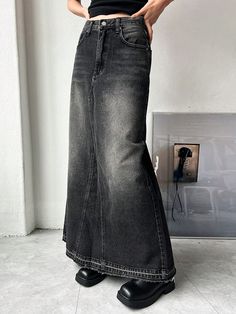 Women's Pocket Patchwork Fringe Hem Maxi Denim Skirt Black Casual   Woven Fabric Plain,All Over Print Mermaid Non-Stretch  Women Clothing, size features are:Bust: ,Length: ,Sleeve Length: Denim Skirt Black, Maxi Denim Skirt, Long Jean Skirt, Black Jean Skirt, Denim Skirt Outfits, Long Denim Skirt, Denim Skirt Women, Denim Maxi Skirt, Mermaid Skirt