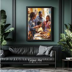 a painting of three people sitting at a table with food in front of them on the wall