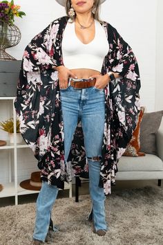 Flutter into fashion with our Floral Butterfly Sleeve Kimono! Featuring a beautiful butterfly print and flowy sleeves, this kimono is the perfect addition to any outfit. Soar with style and embrace your inner free spirit. Chic Wrap Cover-up For Spring, Long Spring Loungewear Cover-up, Casual Black V-neck Kimono, Flowy V-neck Kimono For Day Out, Casual Spring Cover-up With Kimono Sleeves, Casual Fall Cover-up With Kimono Sleeves, Spring Wrap Cover-up For Loungewear, Spring Printed Kimono For Loungewear, Chic Black V-neck Kimono