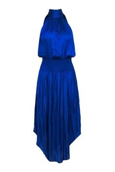 Be the belle of the ball in this Ramy Brook dress! The sleek royal blue satin hugs your silhouette, while the tie back keyhole adds an unexpected, yet sophisticated detail. Let your natural beauty shine - you don't need to over-accessorize, just throw on those heels and some silver jewelry and you'll be rsvp-ready! Size M 100% Polyester Unlined Pullover Neck tie closure Keyhole back Smocked waist Sleeveless Bust 36" Waist 25" Shoulder to hem 52" Satin Stretch Summer Formal Dress, Stretch Satin Formal Dress For Summer, Stretch Satin Summer Dress For Formal Occasions, Stretch Satin Formal Summer Dress, Summer Formal Stretch Satin Dress, Royal Blue Sleeveless Satin Dress, Summer Sleeveless Satin Dress With Ruched Back, Blue Sleeveless Satin Dress For Date Night, Blue Satin Halter Dress For Night Out