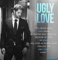 a man in a suit and tie standing next to a door with the words ugly love on it