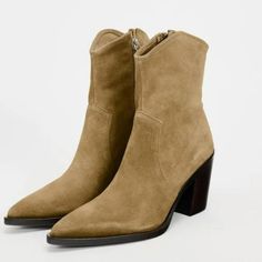 Leather Cowboy Ankle Boots.Block Heels. Pointed Toe. Heel Height: 3.1 Inches ( 8cm) Color: Sandy Brown Zara Boots With Stacked Block Heel, Zara Suede Heeled Boots With Pointed Toe, Zara Ankle-high Suede Boots, Zara Pointed Toe Suede Heeled Boots, Zara Suede Pointed Toe Heeled Boots, Zara High Heel Suede Boots, Chic Zara Suede Boots, Cowboy Ankle Boots, Zara Heels