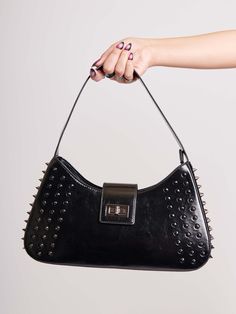 Punk Leather Bags With Rivets, Black Shoulder Bag With Rivets, Punk Style Rivet Shoulder Bag, Punk Rivets Shoulder Bag, Punk Style Shoulder Bag With Rivets, Punk Party Shoulder Bag With Rivets, Edgy Shoulder Bag With Hardware Details, Party Leather Shoulder Bag With Rivets, Leather Shoulder Bag With Rivets For Party