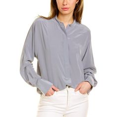 Equipment Femme Ramonna Silk Shirt The Color Is Like A Smokey Blue-Grey Color. Gray Long Sleeve Tops For Daywear, Gray Shirttail Hem Top For Spring, Gray Relaxed Fit Button-up Top, Gray Relaxed Fit Tops For Daywear, Gray Button-up Top For Work, Gray Shirt For Spring Workwear, Spring Workwear Gray Shirt, Spring Gray Workwear Shirt, Gray Blouse For Office In Spring