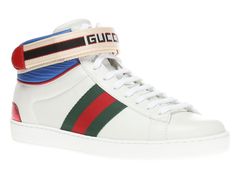 GUCCI Men's White New Ace Stripe High Top Sneaker N4604 Size 7 G / 7.5 US Details Web striping angles up the sides of a high-top sneaker detailed with signature snake detailing at the heel and a padded cuff cinched by a jacquard logo strap. -Lace-up style; hook-and-loop ankle strap -Removable insole -Leather and synthetic upper and lining/rubber sole -Made in Italy -255 High Top Sneaker, Gucci Men, Mens Casual Shoes, Up Styles, Puma Sneaker, High Top, Ankle Strap, High Tops, High Top Sneakers