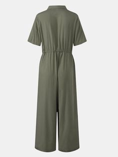 Solid Color Lapel Collar Button Short Sleeve Jumpsuit with Pocket Short Sleeve Jumpsuit, Spring Look, Short Sleeve Jumpsuits, Jumpsuit With Sleeves, Online Customer Service, Color Pick, Spring Looks, Chic Clothes, Fashion Chic