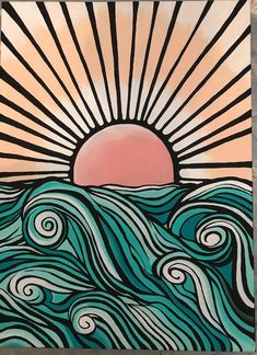 a painting with waves and the sun in the background