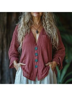 Elegant Tops, Women's Linen Simple Long-sleeved Casual Shirt Bohemian Relaxed Fit Top, Bohemian Style Relaxed Fit Tops, Solid Long Sleeve Bohemian Top, Bohemian Long Sleeve Solid Tops, Bohemian Long Sleeve Shirt With Buttons, Long Sleeve Buttoned Summer Tops, Solid Bohemian Long Sleeve Top, Summer Long Sleeve Tops With Buttons, Long Sleeve Button Tops For Summer