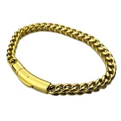 Men's franco chain hip hop bracelet. Measures 9" inch long x 6MM thick. 18K gold plated over stainless steel. Stainless Steel - stamped on clasp. Real solid stainless steel jewelry. Solid weight at approx. 32 grams. Stylish bayonet locking snap clasp. Won't fade or turn your skin green. Super shiny bracelet is very well made. 100% FREE SHIPPING in USA. Order now! Adjustable Cuban Link Bracelet With Box Chain, Cuban Link Bracelet In Stainless Steel With Gold Chain, Gold Chain Cuban Link Bracelet In Stainless Steel, Stainless Steel Cuban Link Bracelet With Gold Chain, Gold Stainless Steel Cuban Link Bracelet With Curb Chain, Gold-colored Stainless Steel Cuban Link Bracelet, Cuban Link Chain Bracelet With Stainless Steel Clasp, Franco Bracelet, Shiny Bracelets