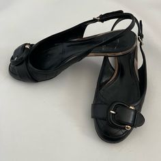 Condition: Good Color: Black Size: 38. 5 (Us Size 7.5) No Box And Dust Bag. Fit: Burberry Typically Fits A Half Size Smaller. *This Item Is Preloved And May Have Some Minor Flaws. There Maybe Some Feeling Of Use And Smell For Vintage Products (If You Are Sensitive To Smell, Please Be Aware). Prior To Purchasing, Reference The Pictures And Video Of Exact Photos, Color & Condition. All Sales Are Final* Elegant Black Slingback Sandals With Buckle Closure, Elegant Black Slingback Sandals With Buckle, Formal Open Toe Slingback Pumps With Branded Insole, Classic Open Toe Slingback Sandals For Office, Vintage Products, Slingback Flats, Burberry Shoes, Burberry Women, Picture Video