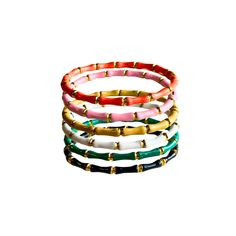 Step up your fashion game with this stylishly simple Bamboo Bangle! Perfectly adaptable to your wardrobe, this white accessory will add subtle definition and fresh, effortless cool. You won't believe how far this bangle can go! 7" 18K Gold Plated over Stainless Steel Hypoallergenic Water & Tarnish Resistant Trendy Adjustable Everyday Bangle, Trendy Stackable Cuff Bangle Bracelet, Adjustable Hoop Bangle For Everyday, White Stackable Bangle, Adjustable Stackable Hoop Bangle, Casual Stackable Bangle Bracelets, Modern Adjustable White Bangle, Trendy Bangle Bracelet, Trendy Flexible Bangle Bracelets